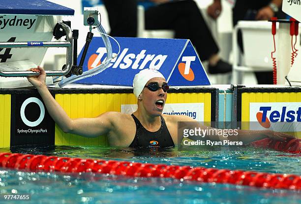 Blair Evans of Australia celebrates after winning the Woman's 200m Freestyle Final during day one of the 2010 Australian Swimming Championships at...