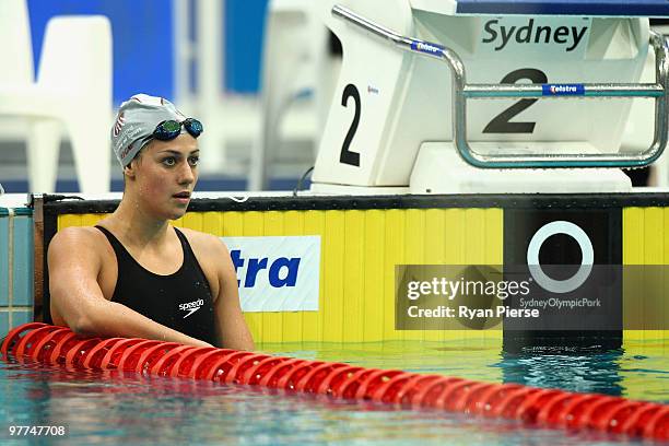 Stephanie Rice of Australia looks dejected after finishing 4th in the Woman's 200m Freestyle Final during day one of the 2010 Australian Swimming...