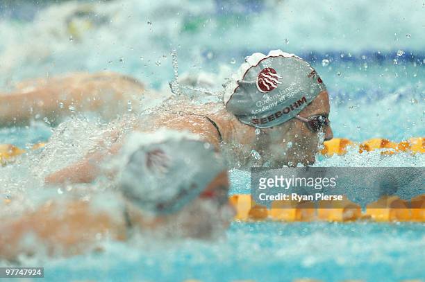 Emily Seebohm of Australia in action during the Woman's 50m Butterfly Semi Final during day one of the 2010 Australian Swimming Championships at...