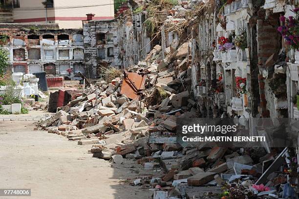 View of the damaged tombs at the cemetery in Constitucion, some 300 km south of Santiago, March 3, 2010. The official death toll from Saturday's...