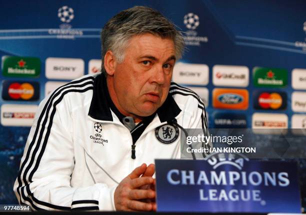 Chelsea's Italian Manager Carlo Ancelotti answers questions during a Chelsea Press Conference at Stamford Bridge, in London, on March 15, 2010 on the...