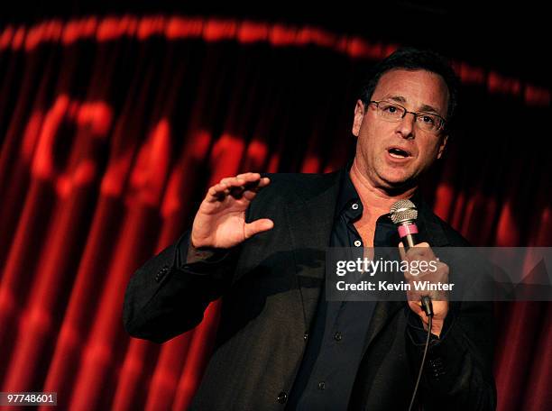 Comedian Bob Saget performs at the Alliance for Children's Rights "Right to Laugh" fundraiser at the Catalina Club on March 15, 2010 in Hollywood,...