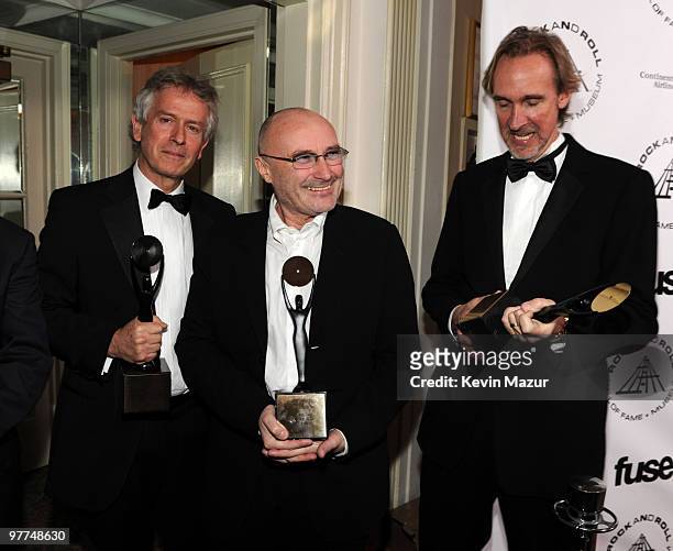 Exclusive* Tony Banks, Phil Collins and Mike Rutherford of Genesis attends the 25th Annual Rock and Roll Hall of Fame Induction Ceremony at The...