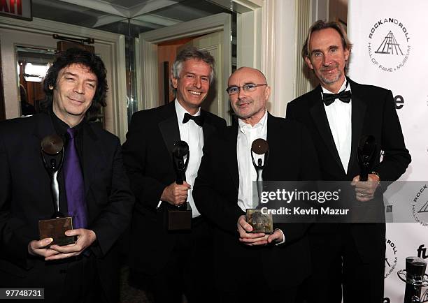 Exclusive* Tony Banks, Phil Collins and Mike Rutherford of Genesis attends the 25th Annual Rock and Roll Hall of Fame Induction Ceremony at The...