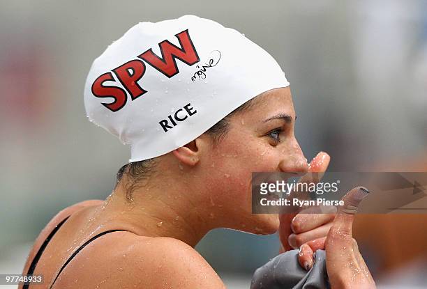 Stephanie Rice of Australia celebrates after winning the Women's 200m Individual Medley Final during day one of the 2010 Australian Swimming...