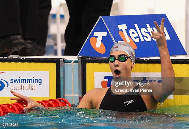 Stephanie Rice of Australia celebrates after winning the Women's 200m Individual Medley Final during day one of the 2010 Australian Swimming...