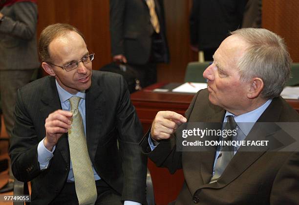 German Federal Interior Minister Wolfgang Schaeuble talks with Luxembourg Justice Minister Luc Frieden on February 28 before a Home Affairs council...