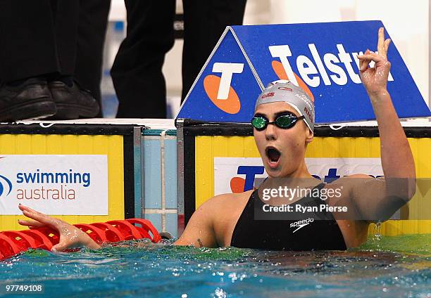 Stephanie Rice of Australia celebrates after winning the Women's 200m Individual Medley Final during day one of the 2010 Australian Swimming...