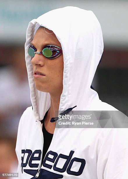 Emily Seebohm of Australia looks on before the Women's 200m Individual Medley Final during day one of the 2010 Australian Swimming Championships at...