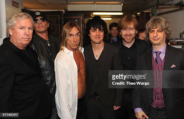 Exclusive* Inductees James Williamson, Scott Asheton and Iggy Pop of The Stooges, with Billie Joe Armstrong of Green Day, and Trey Anastasio and Mike...