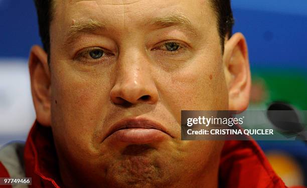 Moscow's coach Leonid Slutsky gives a press conference on March 15, 2010 at the Sanchez Pizjuan stadium in Sevilla, on the eve of a Champions league...