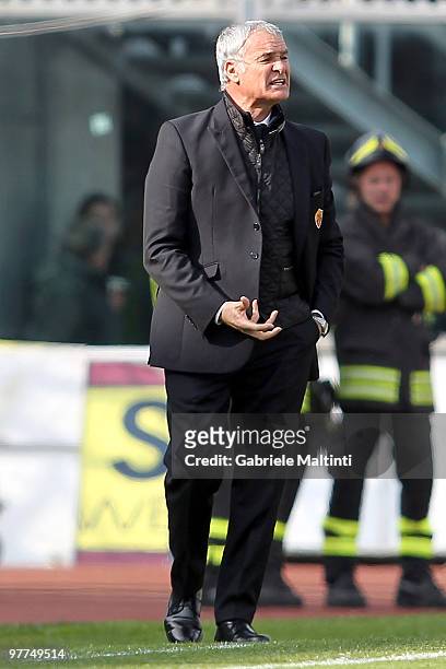 Roma head coach Claudio Ranieri gestures during the Serie A match between AS Livorno Calcio and AS Roma at Stadio Armando Picchi on March 14, 2010 in...