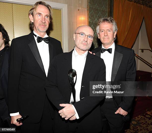 Exclusive* Mike Rutherford, Phil Collins and Tony Banks of Genesis attends the 25th Annual Rock and Roll Hall of Fame Induction Ceremony at The...