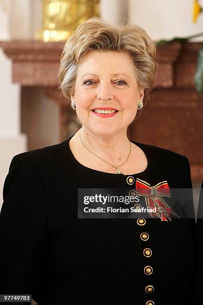 Actress Marie-Luise Marjan smiles after she received the Federal Cross Of Merit from German President Horst Koehler at Bellevue Castle on March 16,...