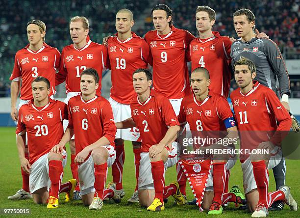 Switzerland's players pose for photographers before the World Cup 2010 friendly football match Switzerland vs Uruguay at AFG Arena stadium on March...