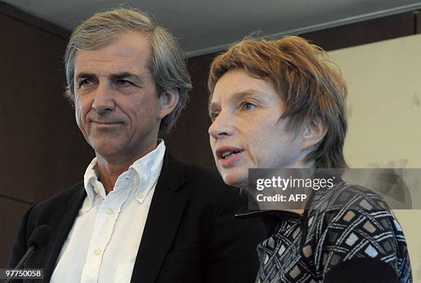 French Employers' association MEDEF head Laurence Parisot speaks flanked by Stephan Brousse, head of Medef Bouches du Rhône during her monthly press...