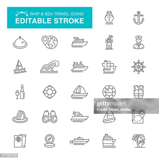 nautical and sea travel editable stroke icons - small boat stock illustrations