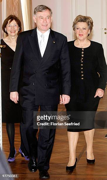 Actress Marie-Luise Marjan and German President Horst Koehler and his wife Eva Luise Koehler arrive at Bellevue Castle on March 16, 2010 in Berlin,...