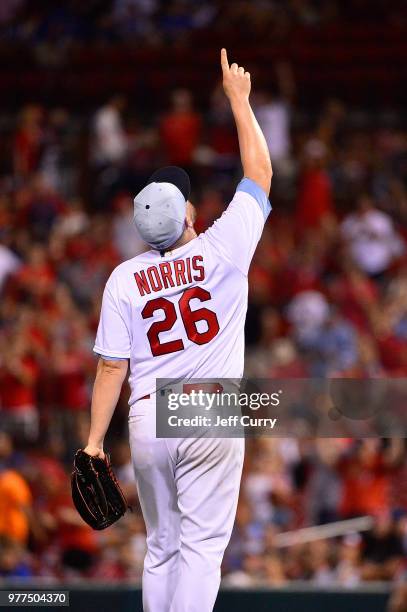 Bud Norris of the St. Louis Cardinals celebrates after the Cardinals defeated the Chicago Cubs 5-0 at Busch Stadium on June 17, 2018 in St Louis,...