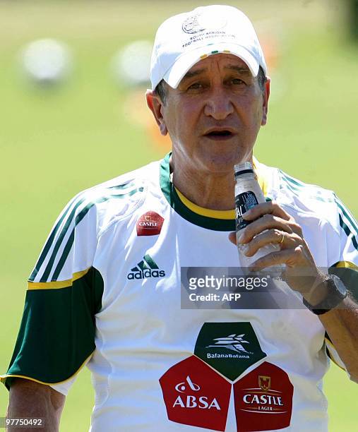South Africa's national soccer team coach, Brazilian Carlos Alberto Parreira, gestures during a traning session in Teresopolis, Brazil, on March 10,...