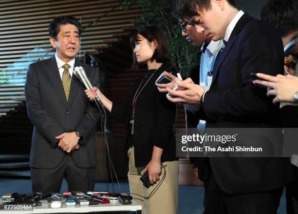 Prime Minister Shinzo Abe speaks to media reporters after the magnitude 6.1 strong earthquake on June 18, 2018 in Tokyo, Japan. A powerful earthquake...