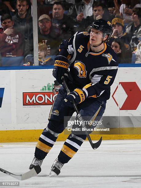 Toni Lydman of the Buffalo Sabres skates against the Dallas Stars at the HSBC Arena on March 10, 2010 in Buffalo, New York.