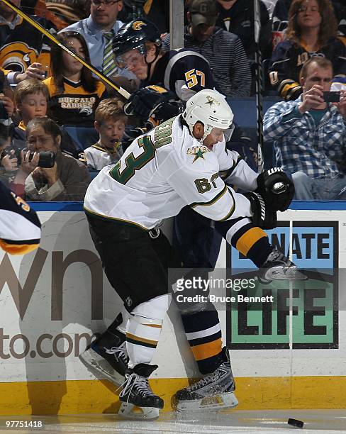 Mike Ribeiro of the Dallas Stars skates against Tyler Myers of the Buffalo Sabres at the HSBC Arena on March 10, 2010 in Buffalo, New York.