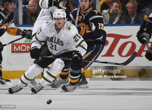 Loui Eriksson of the Dallas Stars skates against the Buffalo Sabres at the HSBC Arena on March 10, 2010 in Buffalo, New York.