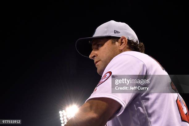 Mike Matheny of the St. Louis Cardinals looks on from the dugout during the seventh inning against the Chicago Cubs at Busch Stadium on June 17, 2018...