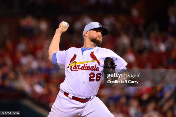 Bud Norris of the St. Louis Cardinals pitches during the ninth inning against the Chicago Cubs at Busch Stadium on June 17, 2018 in St Louis,...