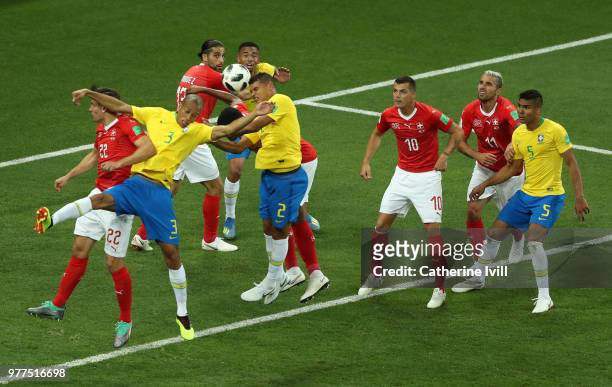 General view as players from both teams compete for the ball during the 2018 FIFA World Cup Russia group E match between Brazil and Switzerland at...