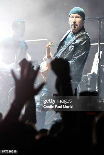 Larry Mullen, Jr. And The Edge of U2 perform during the eXPERIENCE + iNNOCENCE TOUR at the Capital One Arena on June 17, 2018 in Washington, DC.