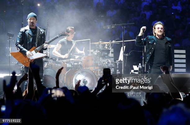 The Edge, Larry Mullen, Jr. And Bono of U2 perform during the eXPERIENCE + iNNOCENCE TOUR at the Capital One Arena on June 17, 2018 in Washington, DC.