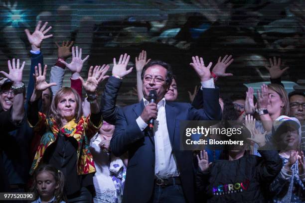 Gustavo Petro, presidential candidate for the Progressivists Movement Party, speaks during an election night event at the party's headquarters in...