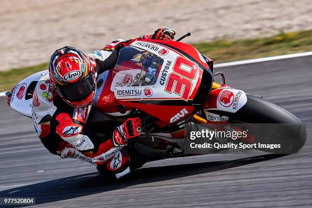 Takaaki Nakagami of Japan and LCR Honda Idemitsu rides during MotoGP free practice at Circuit de Catalunya on June 17, 2018 in Montmelo, Spain.