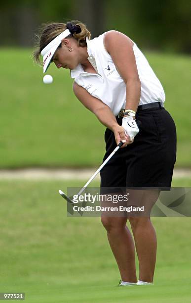Lynnette Brooky of New Zealand chips onto 9th green during the second round at the ANZ Australian Ladies Masters Golf at Royal Pines Resort on the...