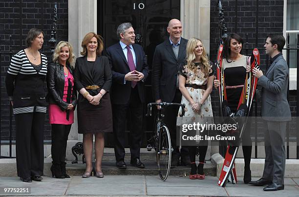 Miranda Hart, Helen Skelton, Sarah Brown, Prime Minister Gordon Brown, Lawrence Dallaglio, Fearne Cotton, Christine Bleakley and Jimmy Carr pose for...