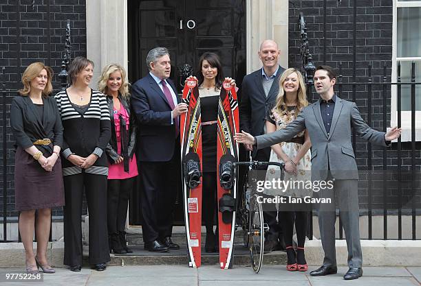 Sarah Brown, Miranda Hart, Helen Skelton, Prime Minister Gordon Brown, Christine Bleakley, Lawrence Dallaglio, Fearne Cotton and Jimmy Carr pose for...