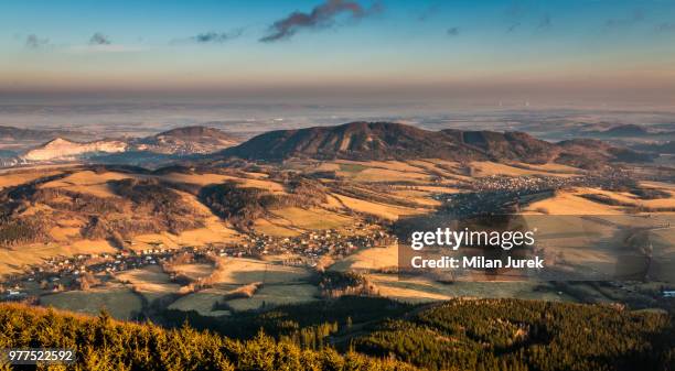 village in mountains at sunrise, lichnov, bruntal district, czech republic - czech republic mountains stock pictures, royalty-free photos & images