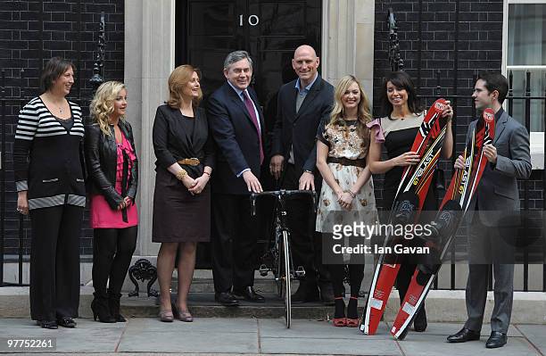 Miranda Hart, Helen Skelton, Sarah Brown, Prime Minister Gordon Brown, Lawrence Dallaglio, Fearne Cotton, Christine Bleakley and Jimmy Carr pose for...