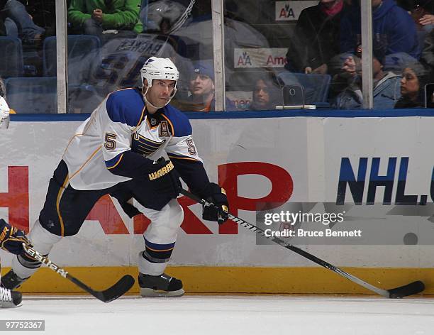 Barret Jackman of the St. Louis Blues skates against the New York Islanders at the Nassau Coliseum on March 11, 2010 in Uniondale, New York.