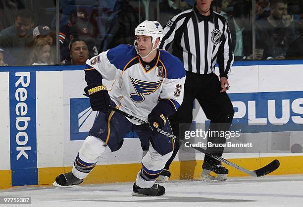 Barret Jackman of the St. Louis Blues skates against the New York Islanders at the Nassau Coliseum on March 11, 2010 in Uniondale, New York.