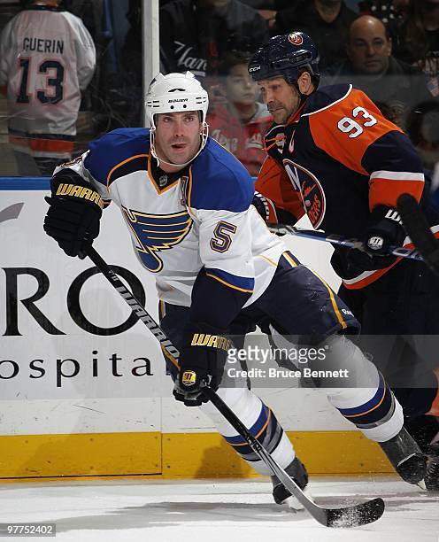 Barret Jackman of the St. Louis Blues skates against the New York Islanders at the Nassau Coliseum on March 11, 2010 in Uniondale, New York.