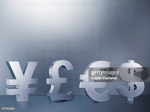 yen, pound, euro and dollar signs in a row - yen symbol stock-fotos und bilder