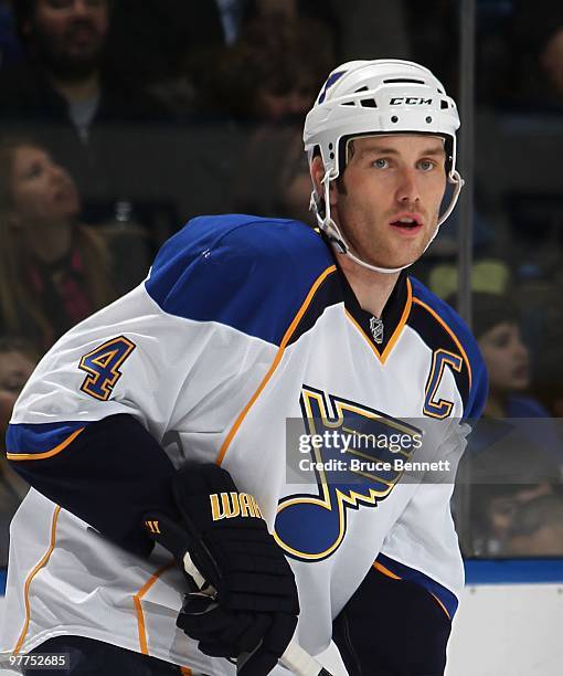 Eric Brewer of the St. Louis Blues skates against the New York Islanders at the Nassau Coliseum on March 11, 2010 in Uniondale, New York.