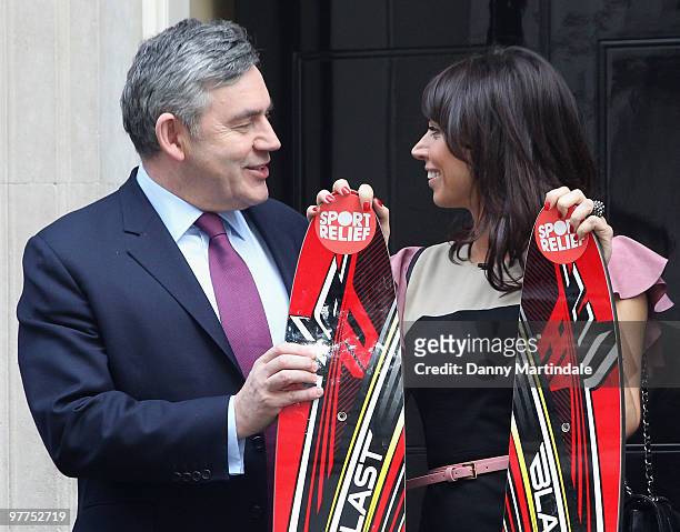 Gordon Brown and Chrsitine Bleakley pose at Number 10 Downing Street for Sport Relief visit at Downing Street on March 16, 2010 in London, England.