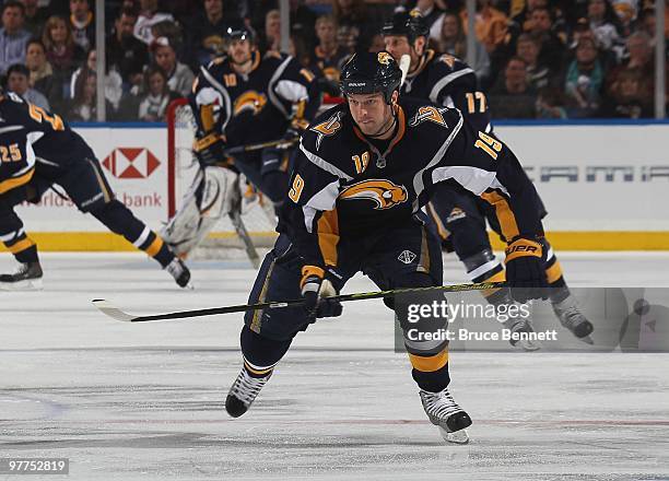 Tim Connolly of the Buffalo Sabres skates against the Dallas Stars at the HSBC Arena on March 10, 2010 in Buffalo, New York.