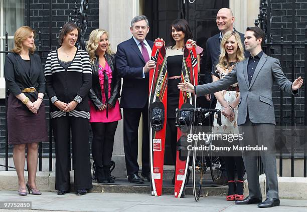 Helen Skelton, Sarah Brown, Gordon Brown, Lawrence Dallaglio, Chrsitine Bleakley, Fearne Cotton and Jimmy Carr pose at Number 10 Downing Street for...