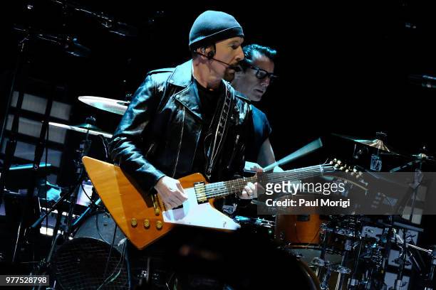 The Edge and Larry Mullen, Jr. Of U2 perform during the eXPERIENCE + iNNOCENCE TOUR at the Capital One Arena on June 17, 2018 in Washington, DC.