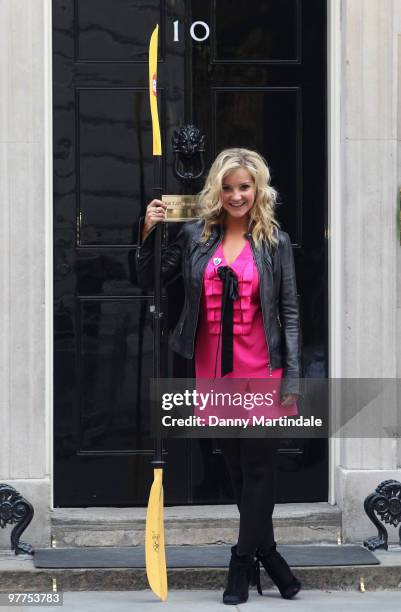 Helen Skelton arrives at Number 10 Downing Street for Sport Relief visit on March 16, 2010 in London, England.